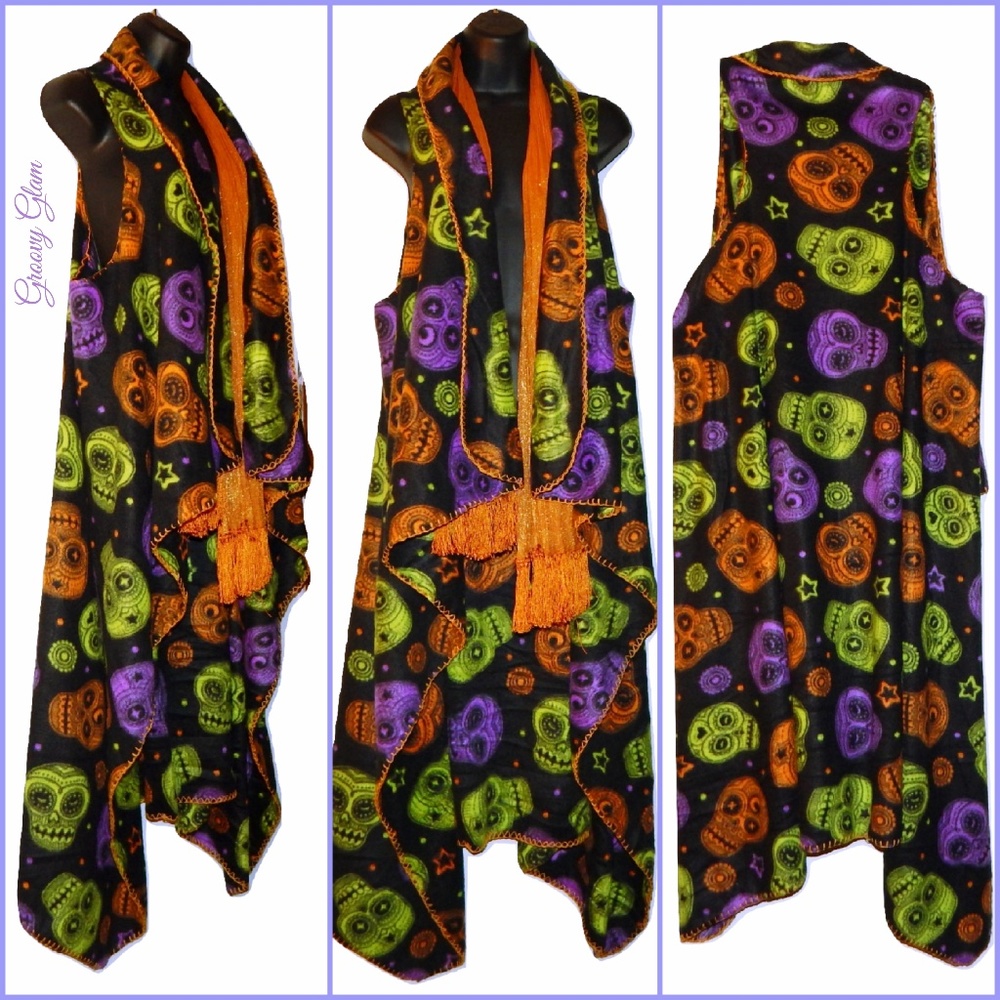 GROOVY GLAM Sugar Skulls Halloween Vest Long Waterfall